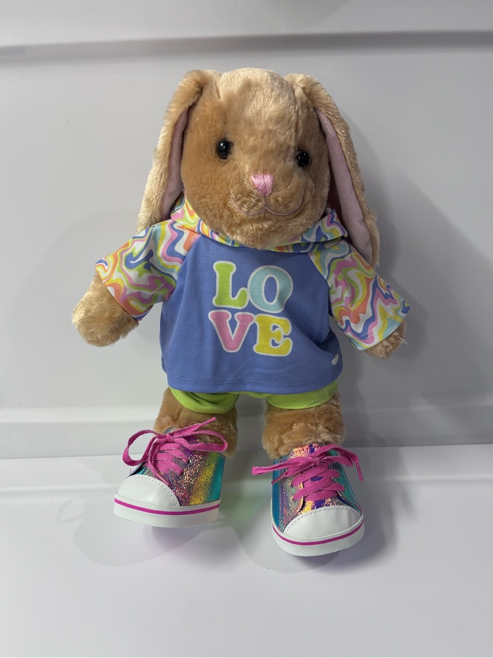 Build-A-Bear Workshop Tan Bunny Rabbit Plush with LOVE Hoodie & Iridescent shoes